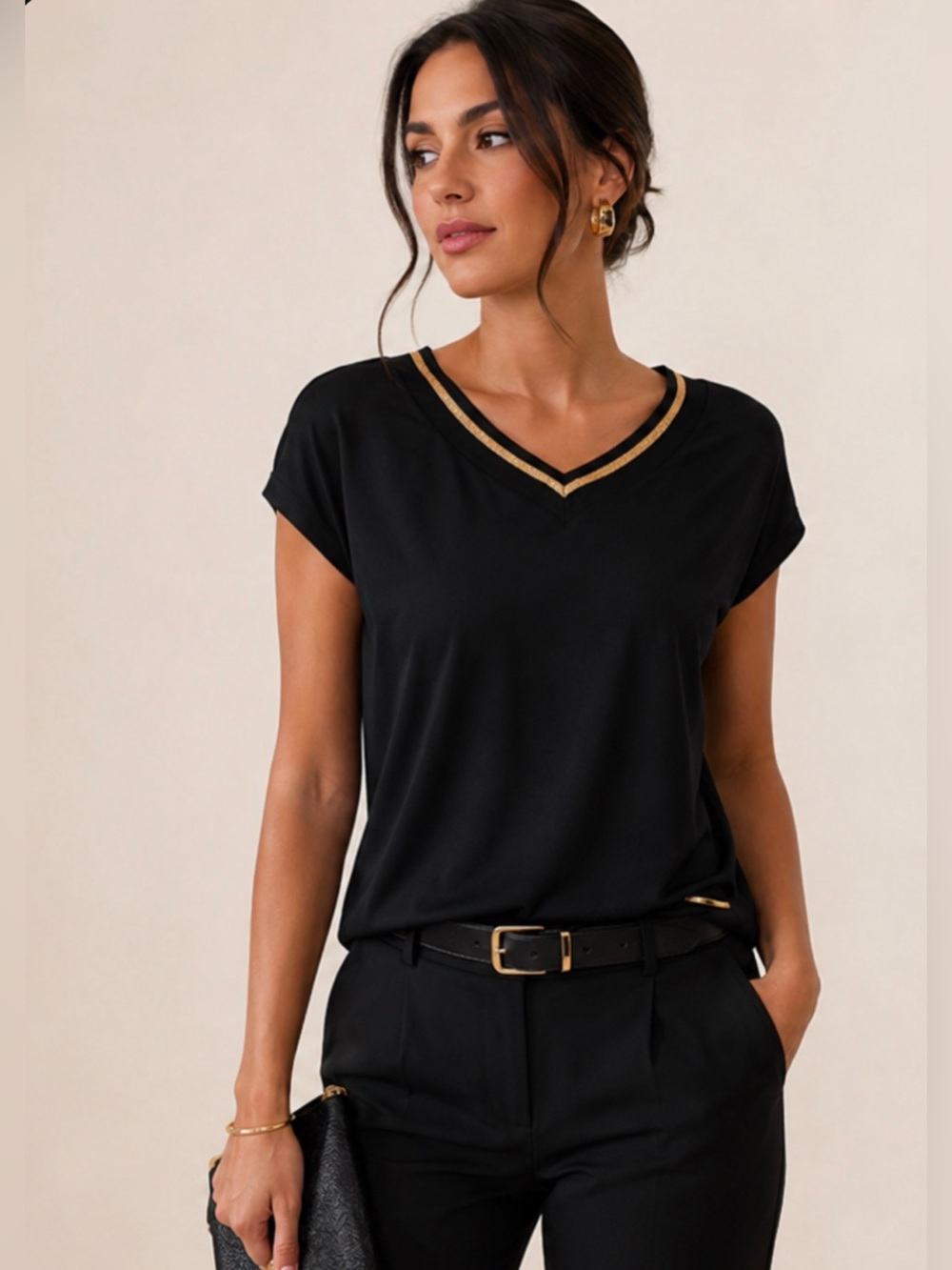 Gloria Vbuilt Black Short Sleeve Old Money Going Out Classy Top Gold Trim Small